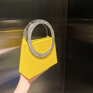 Elegante gelbe Abendhandtasche mit glitzerndem Strass Rundgriff, modische Handtasche.