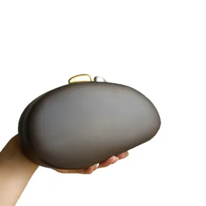 Dark brown matte oval acrylic clutch bag for women, stylish shell evening handbag with clasp.