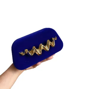 Royal blue velvet box handbag with gold wavy metal decoration chic evening clutch bag for women
