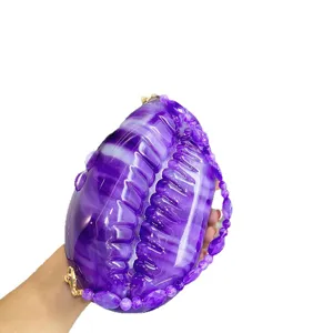 Gradient purple acrylic shell evening bag with beaded chain strap for elegant party and wedding events.