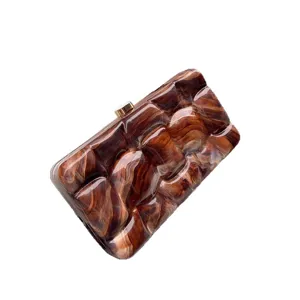 Braune marmorierte Acryl-Clutch, luxuriöse Abendtasche mit Goldverschluss für Damen.