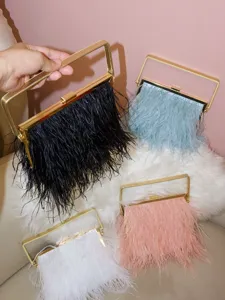 Chic feather evening bag with metal handle, stylish minimalist clutch for party or wedding.