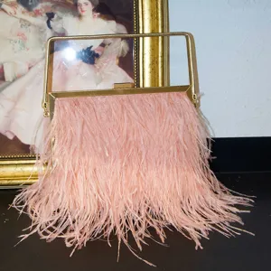 Pink feather evening bag with gold metal handle, elegant niche design handbag for women party.