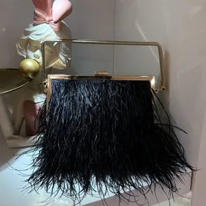 Black feather evening bag detail, luxury gold metal frame clutch purse for women party wedding.