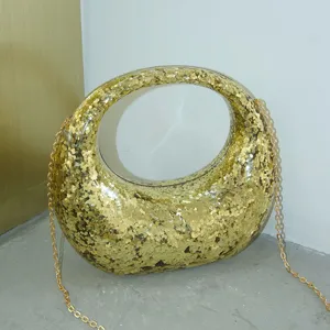 Gold sequin crescent shoulder bag stylish metallic chain crossbody evening handbag for women.