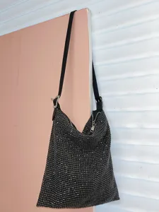 Stylish black rhinestone shoulder bag, sparkling crystal underarm hobo bag for women chic.