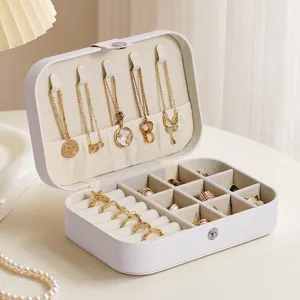 Portable jewelry box travel organizer cream white PU leather case for rings and necklaces