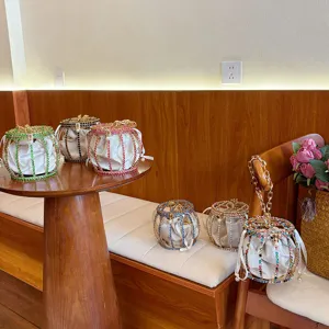 Exquisite rhinestone metal cage bucket bag with velvet pouch and sparkling crystal details.