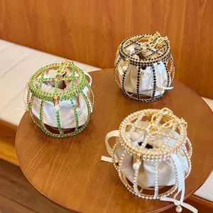 Rhinestone metal cage bucket evening bag with velvet pouch and pearls for party and wedding