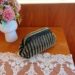 Elegant black rhinestone evening clutch bag sparkling crystal dumpling shoulder bag for women