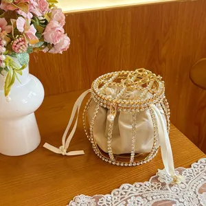 Rhinestone cage evening bag metallic bucket purse luxury banquet party sparkly crossbody bag