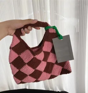 Hand-woven crochet checkered tote bag, stylish color-block knitted handbag for women.