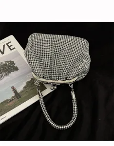 Sparkling rhinestone shell evening clutch bag, mini crystal handmade metallic clasp handbag.