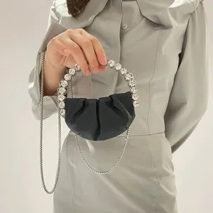 Rhinestone handle gathered mini evening handbag, elegant black pouch with crystal chain strap.