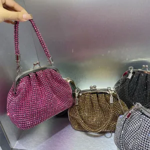 Shiny rhinestone evening clutch bag, mini crystal kiss-lock shell handbag for party.