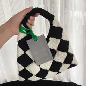 Autumn Winter Argyle Crochet Hand Woven Tote Bag Color Block Cotton Knit Shoulder Bag Casual Daily Shopping Handbag