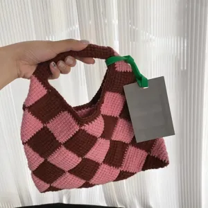 Handmade crochet knit tote bag, pink and brown checkerboard pattern handbag for women.