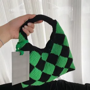 Handmade crochet checkerboard knit tote bag, stylish black and green cotton hand bag.