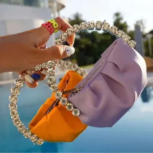 Women Rhinestone Ring Handle Pleated Mini Evening Bag PU Leather Clutch Crossbody Handbag For Banquet Party