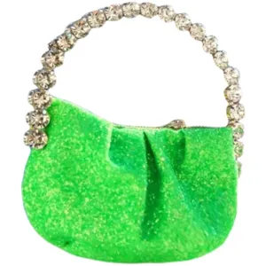 Green glitter mini evening bag with rhinestone ring handle stylish party handbag clutch.