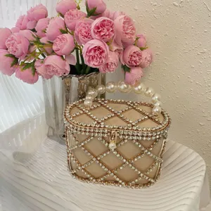 Hollow Diamond Rhinestone Evening Bag Pearl Handle Metal Cage Handbag Luxury Wedding Party Shoulder Bag