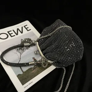 Sparkly rhinestone evening shell clutch mini metal kiss-lock chain crossbody bag for women