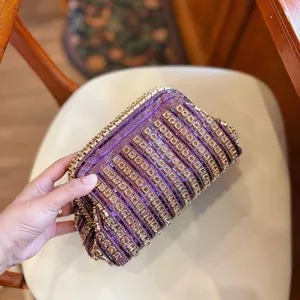 Purple rhinestone evening bag detail, crystal dumpling clutch for party, chic women shoulder bag.