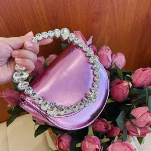 Pink metallic rhinestone rim handbag elegant crystal evening clutch trendy party purse