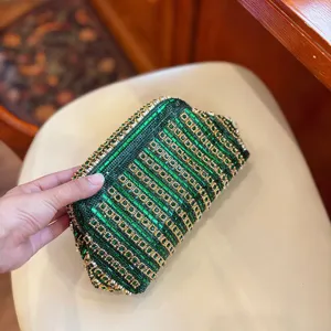 Green rhinestone evening clutch bag, elegant crystal dumpling crossbody purse for women.