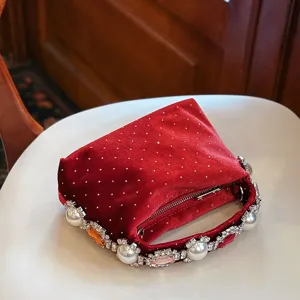 Bolso de Noche de Terciopelo Mujeres Diamante de Imitación Perla Bolso de Mano Elegante Lunares Almohada Embrague Fiesta de Banquetes