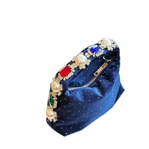 Bolso de noche de terciopelo de lujo con perlas y strass, elegante bolso de mano