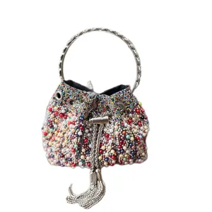 Bolso cubo de perlas minimalista francés con diamantes cordón bandolera elegante