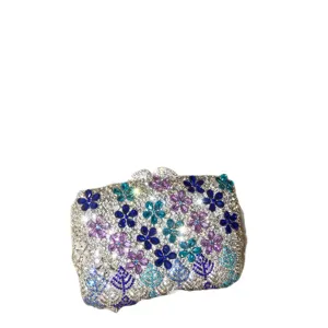 Superbe pochette de soirée en strass fleuris, sac boîte cristal métallique luxueux.