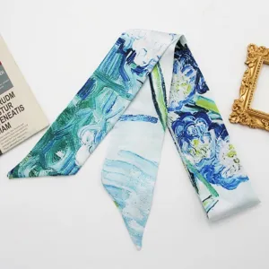 Sciarpa twilly lunga in raso 96cm con stampa artistica blu verde per capelli e borsa