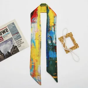 Foulard in seta sottile con stampa astratta colorata 96cm satin per capelli o borse