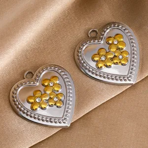 Silver tone heart pendant with gold floral rhinestone DIY jewelry charm accessory 2pcs