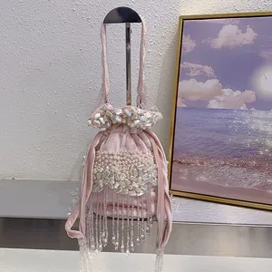 Mode Doux Velours Sac Seau Fait Main Perlé Cristal Glands Cordon Sac à Main Femmes Décontracté Sac Bandoulière