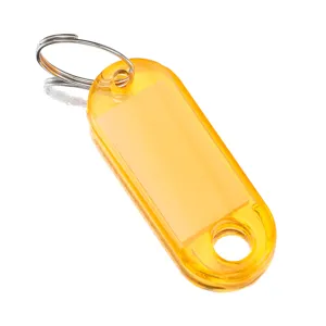 Detailed close-up view of the transparent yellow plastic key tag with sturdy metal ring.