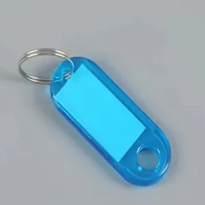Blue plastic key tag with metal ring and blank label insert for classification and organization.