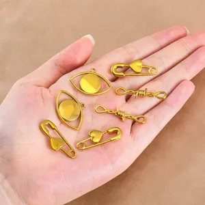 Stainless steel gold plated heart safety pin evil eye pendant DIY jewelry making accessories.