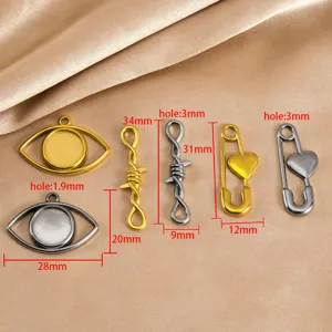 Stainless steel evil eye bezel and heart safety pin DIY jewelry making connectors charms accessories.