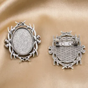 Alloy antler brooch blank base antique silver empty tray DIY jewelry making accessory detail