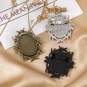 Vintage Alloy Antler Time Gemstone Brooch Base Tray DIY Anime Badge Pendant Blank Bezel Accessories Fashion Jewelry