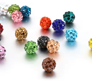 Detailed view of 10mm straight hole clay rhinestone shamballa beads for DIY jewelry making.