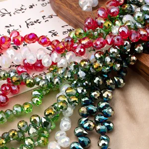 Close-up detail of 8mm faceted crystal briolette beads, sparkling loose beads for DIY jewelry.