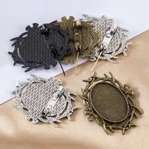 Alloy deer antler brooch blank base diy craft vintage oval bezel cabochon setting jewelry findings