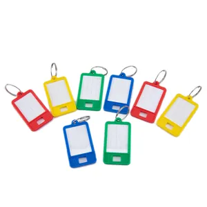 Bunte Plastik-Schlüsselanhänger mit Ring und Papiereinlage für Koffer und Kennzeichnung.