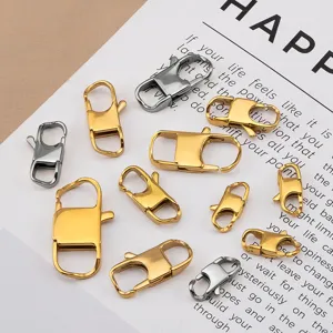 Stainless steel DIY jewelry clasps detail shot, showing various gold and silver lobster hooks.