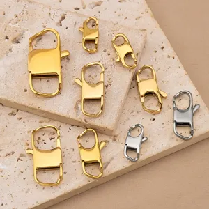 Stainless steel square spring clasps detail, assorted sizes for DIY jewelry making.