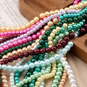 Colorful imitation pearl bead strands detail close-up for DIY handmade jewelry making accessories